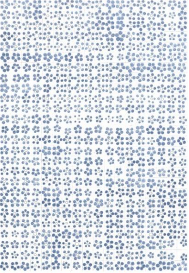 Weißer Hintergrund mit vielen kleinen blauen Punkten in regelmäßigen, teils blumenartigen Mustern.
